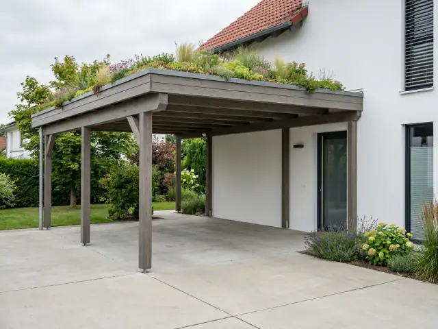 Begrüntes Carport-Dach mit Sedum und Gräsern