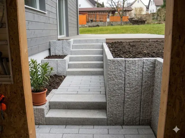 Granit-Treppenanlage mit Stützmauer aus Granitblöcken