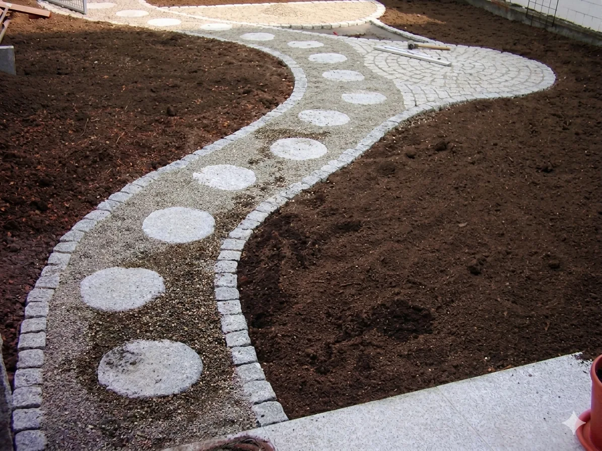Geschwungener Gartenweg mit Granit-Trittsteinen